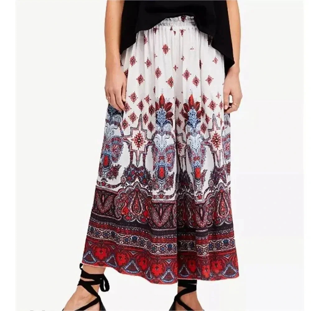 Free People White Wide Leg Palazzo Pants with Red & Blue Border Print